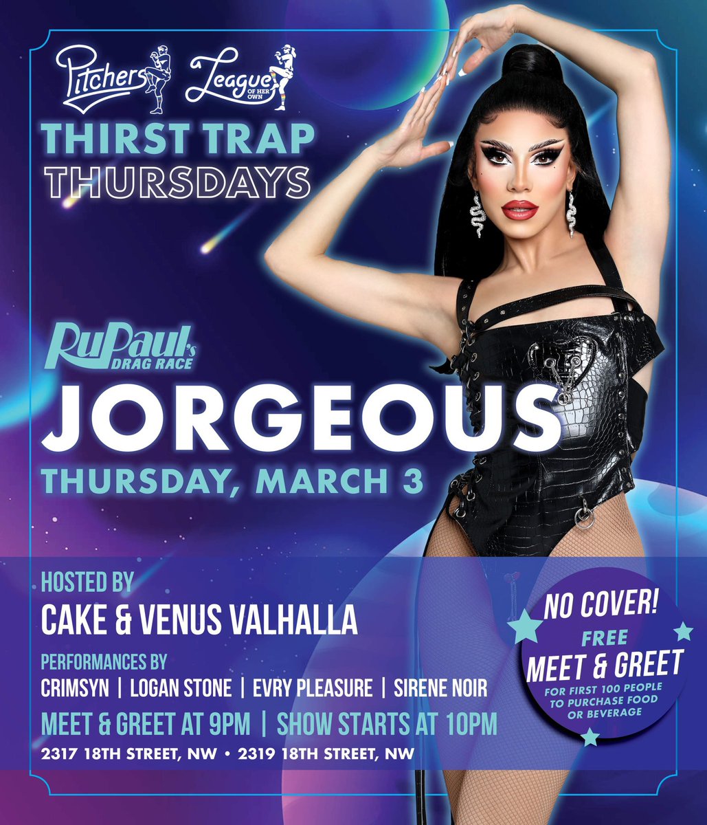 PitchersDC's tweet photo. The gorgeous @Jorgeous_1 ✨ will perform for a special #ThirstTrapThursdays tomorrow. Hosted by @cakedoesdrag and #VenusValhalla and a sickening cast of DC performers featuring @EvryPleasure @queenloganstone @CrimsynCo and #SireneNoir. https://t.co/k5px49afRK