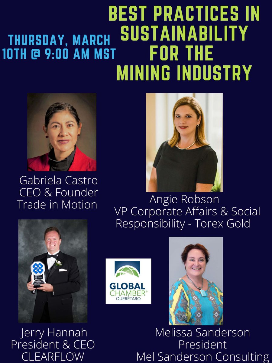 CHANGE OF DATE <a href="/GlobalChamQRO/">Global Chamber Querétaro</a> invites you to the Globinar BEST PRACTICES IN SUSTAINABILITY FOR THE MINING INDUSTRY taking place on March 10th at 8:00 PT/9:00 MST/10:00 CT/11:00 ET am. We have three knowledgeable speakers
Register lnkd.in/eVEb_zBW #mining #mineria #mining
