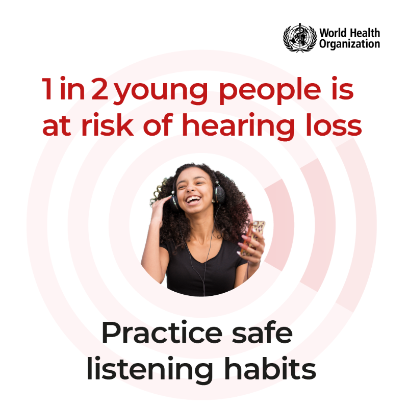 WHO's tweet photo. Today is #WorldHearingDay! 

1 in 2 young people are is at risk of hearing loss from prolonged and excessive exposure to loud music and other recreational sounds.

Find out how you can protect your hearing https://t.co/0bvXNbYgFw

#SafeListening
