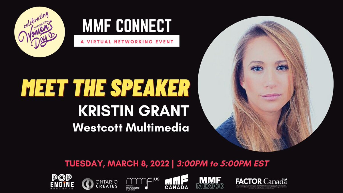 MMFCanada's tweet photo. Join @MMFCanada @MMFUS & #MMFMexico to celebrate #IWD2022 with an #MMFConnect virtual networking event.
Kristin Grant (Westcott Multimedia) is joining us to chat all things music and tech!
Register for this free event and learn more about Kristin at https://t.co/ZrjdpfMCui https://t.co/njVYkXND2Q