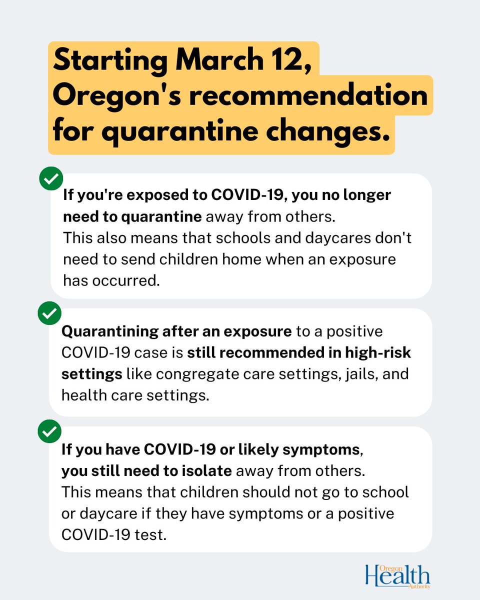 OHAOregon's tweet photo. Starting March 12, #COVID19 contact tracing and quarantine will be paused for the general population in Oregon, including in K-12 and early learning settings. These measures will still be recommended in high-risk settings.

To learn more: https://t.co/71BDmhEXvm https://t.co/0GygKjKA2Q
