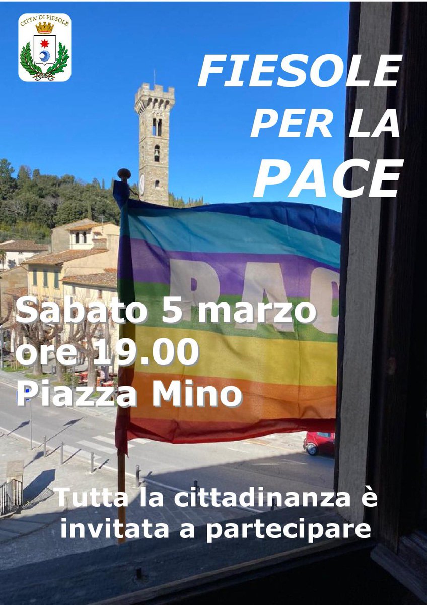 ComuneFiesole's tweet photo. Fiesole dice NO alla guerra, a tutte le guerre. 
Invitiamo tutta la cittadinanza, senza distinzione di fede politica e di appartenenza religiosa, a partecipare numerosa a questa iniziativa. 
Per gridare tutti insieme la voglia di PACE. https://t.co/Gl8rNJ0KVN