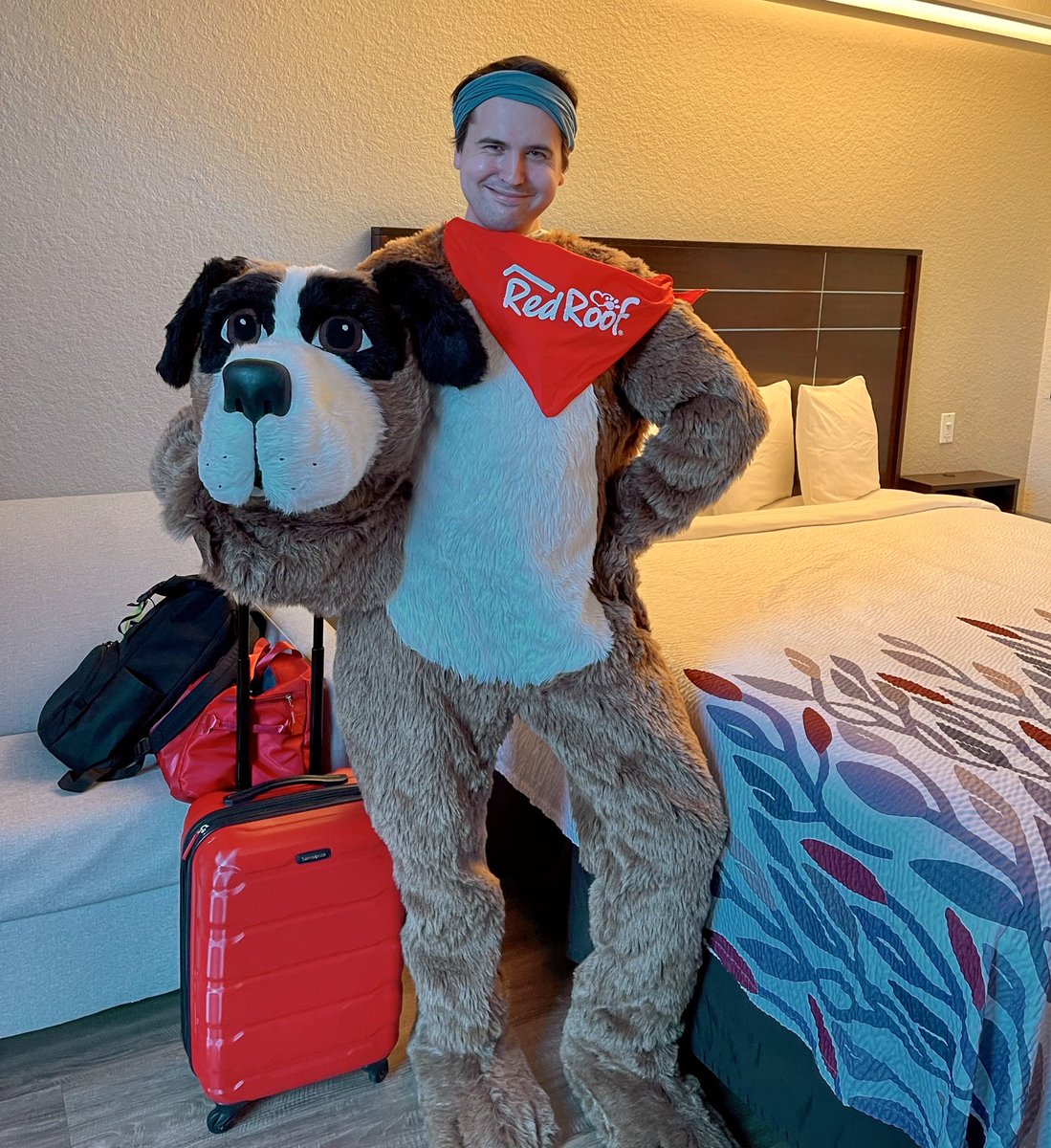 powellmansfield's tweet photo. honored and thrilled to say that, yes!!! i AM the human inside of Red Roof Inn’s mascot, Rufus!!!! thank you in advance for your support of course!!! bark bark, bitch #thespian #workingactor #setlife #blessed #trainingpaysoff #acting https://t.co/ZG6lXlFvkF