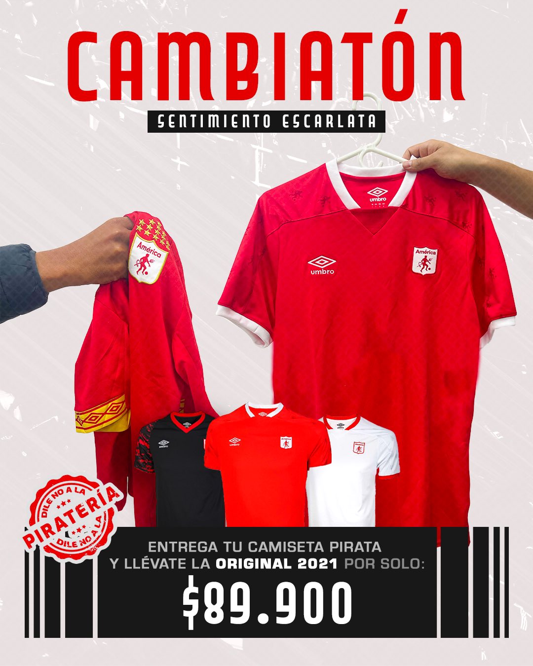 America de Cali on X Quedan pocas unidades Aprovecha la CambiatonEscarlata para lucir con orgullo la camiseta de competencia 2021. Te esperamos en nuestras tiendas oficiales. Estadio costado occidenta...