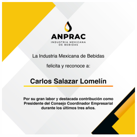 Felicitamos y reconocemos a <a href="/CSalazarLomelin/">Carlos Salazar</a>  por su destacada gestión como Presidente del <a href="/cceoficialmx/">Consejo Coordinador Empresarial CCE</a> y agradecemos todo el apoyo que brindó a esta Industria.