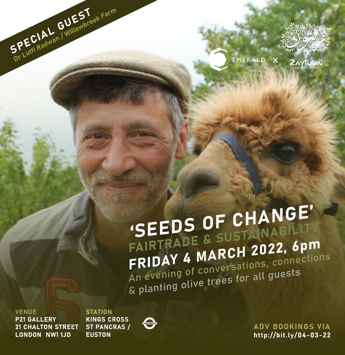 emeraldnetwork's tweet photo. ANNOUNCEMENT-Special guest incl. Dr Lutfi Radwan, co-founder of Willowbrook Farm #emerald100
Emerald Network proud to collaborate with Zaytoun to bring you an amazing evening at the iconic P21 Gallery to mark Fairtrade Fortnight. book via https://t.co/UqlxHjXGu4 - LAST 10 PLACES! https://t.co/sKOyahpRDc