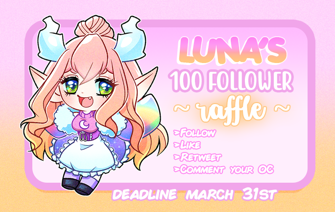 lunabrew's tweet photo. ✨100 Follower Art Raffle✨

To celebrate my first milestone on Twitter I want to host a little art raffle ~

🌟Like
🌟Follow
🌟Retweet
🌟Post your OC / Character you want drawn in the comments.

3 Winners will be randomly chosen after the March 31st Deadline. ❤️ https://t.co/oJqWJhU4DZ