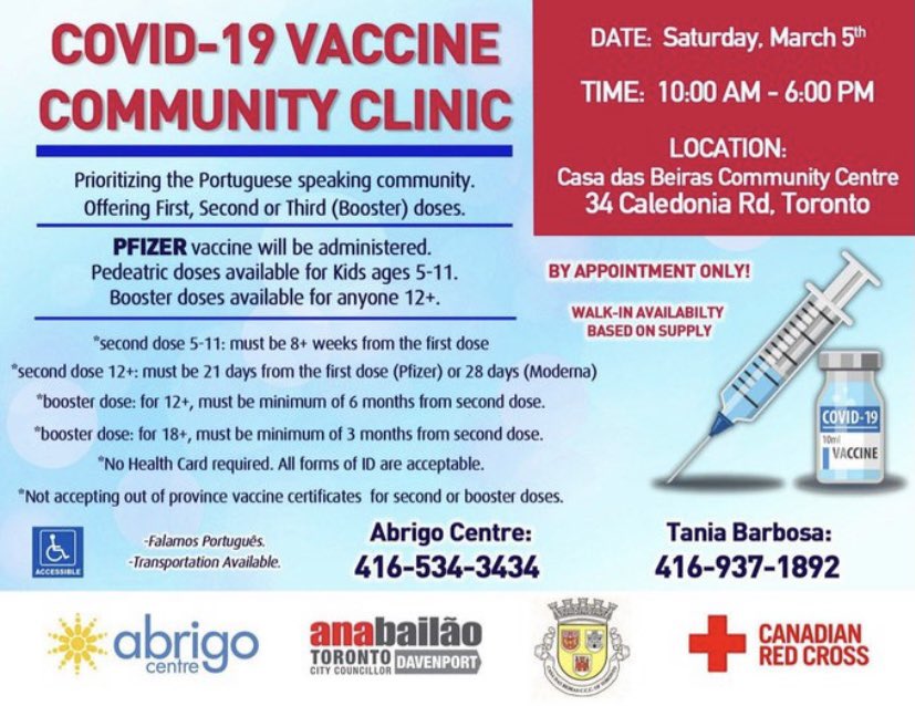 YWPVaccine's tweet photo. @abrigocentre is hosting a vaccine clinic March 5th! 34 Caledonia rd Toronto, from 10 am to 6 pm. Pfizer is being administered!!!!! Call to book your appointment 416-534-3434. #LetsGetTOVaccinated #ywpletsgetvaccinated #covid19 #toronto #ontario #canada #omicron #booster https://t.co/miHyBMfpz4