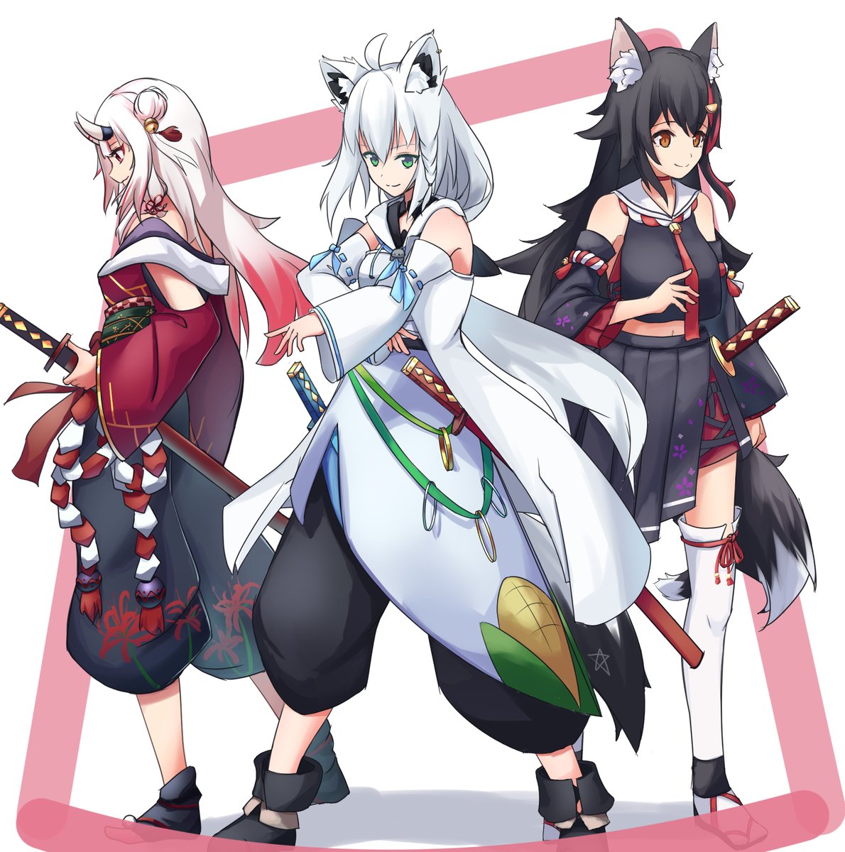 nakiri ayame ,ookami mio ,shirakami fubuki sidelocks multiple girls animal ears green eyes wolf ears wolf girl white hoodie  illustration images