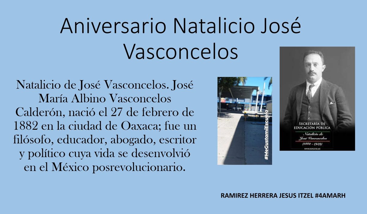 ItzelRa13410888's tweet photo. #4AMARH #MeGustaMiEscuela
27 de febrero Aniversario Natalicio José Vasconcelos. https://t.co/tfubOWcXvA