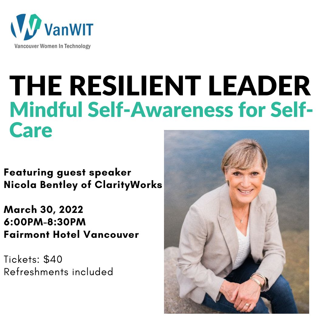 VanWIT is back in person on March 30! Join us for an interactive 90 minute session with Nicola Bentley  where we will dive into the basics of mindful awareness practices. 

Tickets on sale: ow.ly/ZEAx50I8FmJ or sign-up for a membership: vanwit.ca