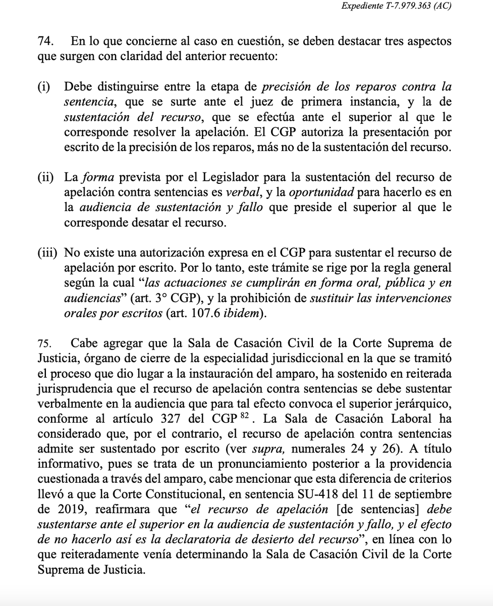jairoparrac's tweet image. APELACIÓN DE SENTENCIA. SUSTENTACIÓN DEL RECURSO. CÓDIGO GENERAL DEL PROCESO. Corte Constitucional (T-021 de 2022): Reitera lo dispuesto en sentencia SU-418/19. Recurrente debe sustentar el recurso ante el superior en audiencia, de no hacerlo, se debe declarar desierto. C.G.P ⬇️