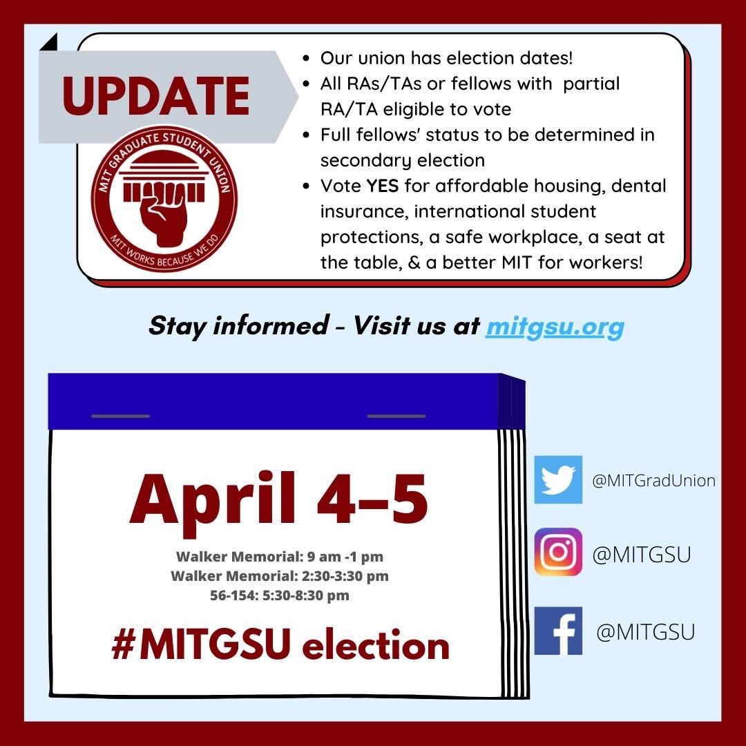 We have our election date - now we're ready to vote yes on #MITGSU on April 4th and 5th and make our Institute a better place for grad workers!