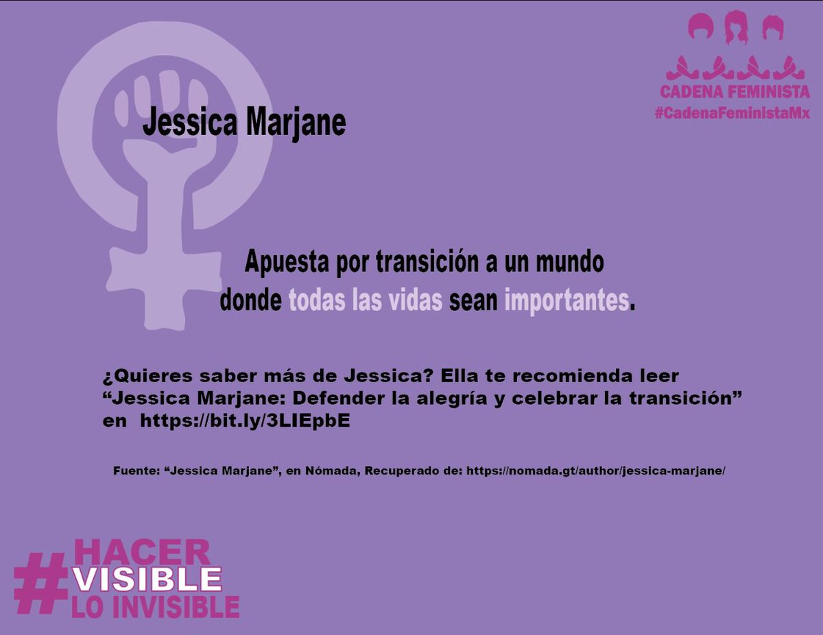 📣📣 <a href="/JessicaMarjane/">Jessica Marjane 💄💋</a> abogada defensora de los derechos humanos de la comunidad Trans🏳️‍⚧️ fundó la Red de Juventudes Trans México y ha alzado su voz ante la ONU para luchar por el reconocimiento de sus derechos. Hoy queremos 👀🔍
👇
#HacerVisibleLoInvisible #NosotrasSoloSumamos