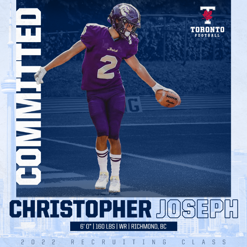 We are excited to announce the commitment of WR Christopher Joseph to our 2022 recruiting class! <a href="/chris24joseph/">Christopher Joseph</a> will be joining us from the <a href="/vcfootball/">VC Football 🏈</a> program! Christopher is from Richmond BC! Welcome to the family!

#BLEEDBLUE #WeAreTO #VCBlues #BCBlues