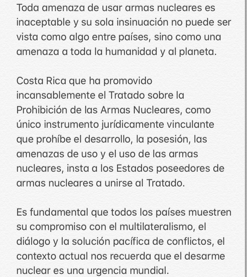 CarlosAlvQ's tweet photo. Inaceptable toda amenaza con armas nucleares. Su sola insinuación debe ser vista como amenaza a toda la humanidad y al planeta. @CRcancilleria https://t.co/Qoy4hzQo3I