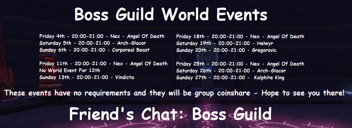 Here's our World Event schedule for March! <a href="/RuneScape/">RuneScape</a> #Events #PvM #Bossing #Masses

Remember to join our Discord to keep up-to-date with all of our events, giveaways and more: discord.gg/bossguild