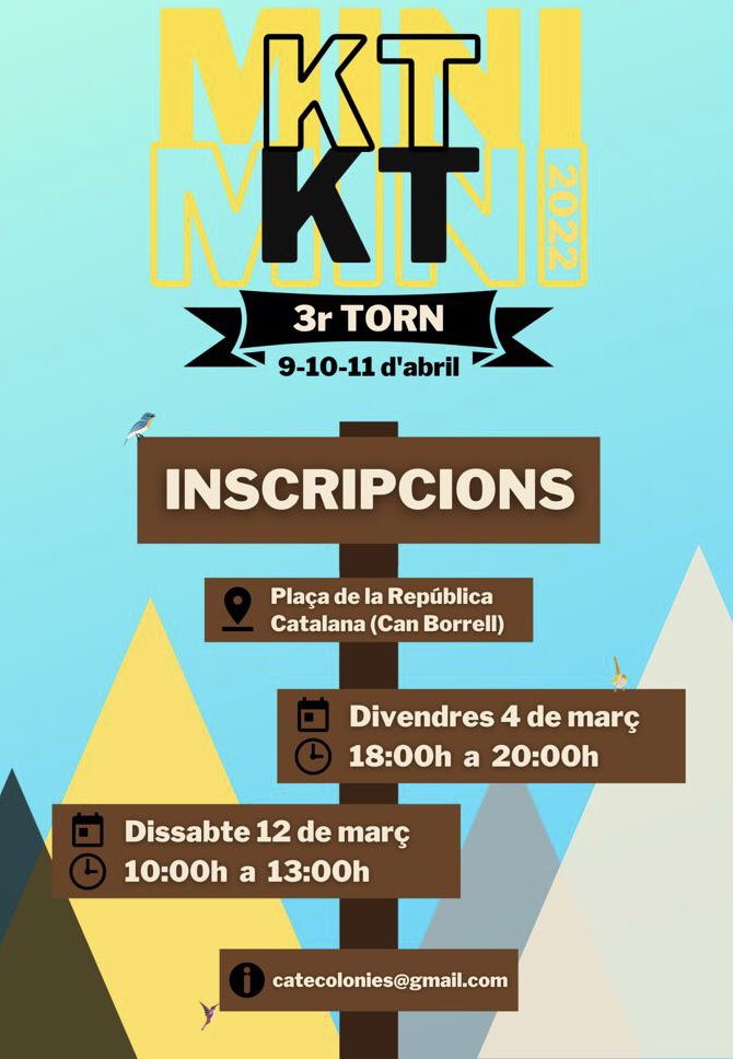 catecolonies's tweet photo. Ja tenim dates per a les inscripcions de les #miniKT del Tercer Torn!!🙌🏻🙌🏻⛺️⛺️

Més informació al nostre blog: 

https://t.co/3iSAaIpetr

#KT #catecolonies #arenysdemunt #somdemunt #somdarenys #lleure #campaments #oci #monitoratge #KT2022 #kt22 https://t.co/TwmeVu1fuA