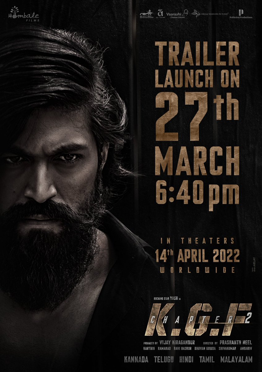 YashTrendTelugu's tweet photo. There is always a thunder before the storm ⚡
#KGFChapter2 Trailer on March 27th at 6:40 pm.

Stay Tuned: https://t.co/d0CzU7XiAy

@Thenameisyash @prashanth_neel
@VKiragandur @hombalefilms @HombaleGroup @duttsanjay @TandonRaveena @SrinidhiShetty7
 
#KGF2TrailerOnMar27 https://t.co/fk2y8QMheH