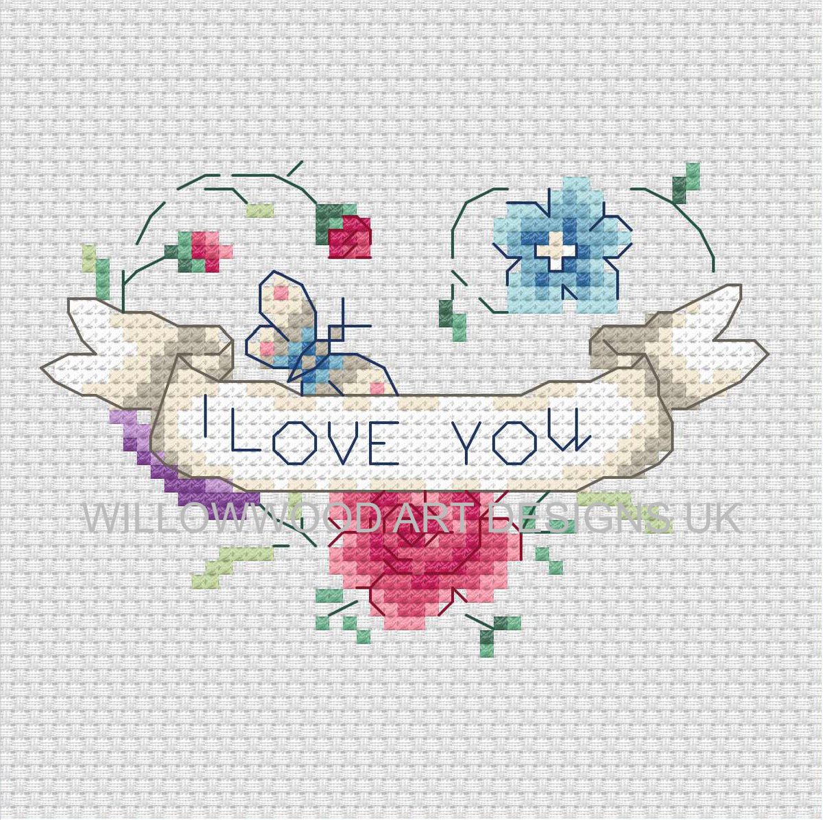 I Love You' Easy Cross Stitch Design, DMC, 18 Threads, 14/16 count, PDF Digital Download etsy.me/3hFyk1v #anniversary #bedroom #wall #homedecor #digitalcrossstitch #flowercrossstitch #heartcrossstitch #butterfly #flowers #Mothersday #Mothersdaycard