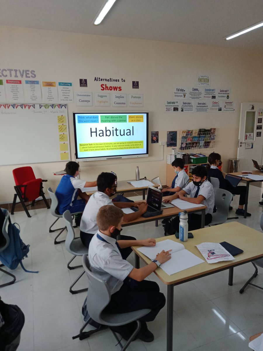 EnglishHis's tweet photo. Reading, like 40% of our daily activities, is habitual. Today, after our Think Pair Share activity, we researched facts about habitual behaviour. Let's get in the habit of reading! #everyonecounts #everyonecontributes #everyonesucceeds #hisliteracyweek @HISDubai https://t.co/SlHLqKGNGH