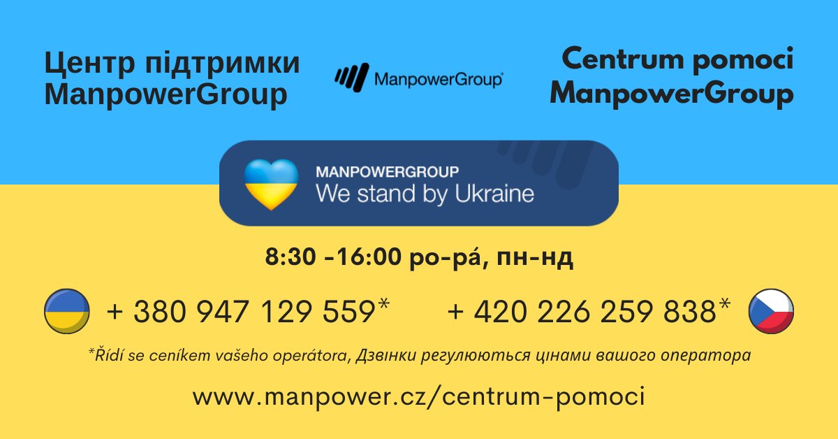 Spouštíme telefonní linku Centrum pomoci ManpowerGroup. Naši operátoři budou zdarma poskytovat informace o zaměstnání a pobytu v ČR, dopravě a ubytování, a to v 🇺🇦 a 🇨🇿 jazyce. Linka slouží i jako podpora pro zaměstnavatele. manpower.cz/centrum-pomoci
🤝 Prosíme o sdílení