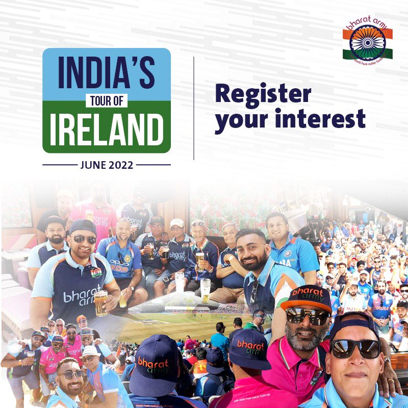 thebharatarmy's tweet photo. ☘️ #IREvIND | Register your interest now to join The Bharat Army on Tour in the wonderful city of Dublin as #TeamIndia take on Cricket Ireland for two T20i’s at the end of June this year.
👉🏾Click here to register: https://t.co/zPnNazkZCA
#BharatArmy #BAOnTour #BAFamily #COTI 🇮🇳 https://t.co/na3HyHA0BR