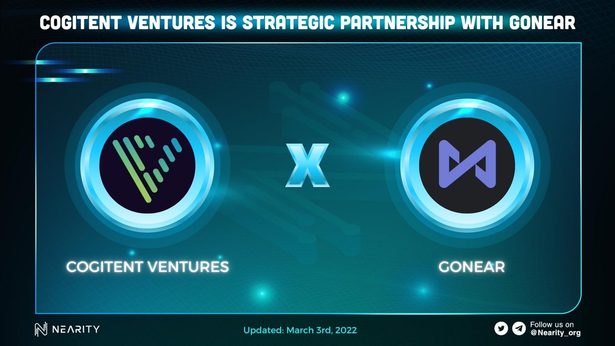 Nearity_org's tweet photo. 🥳 @CogitentV is strategic partnership with @Goneario
Hope this cooperation will help project grow and go further 🤩
#Nearity #NEAR $NEAR #GONEAR #COGITENTV https://t.co/DaXilLQZe3
