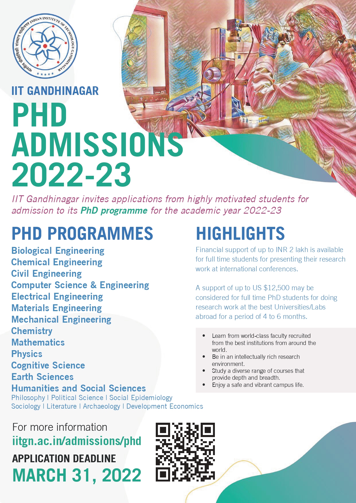 IIT Gandhinagar - IIT Gandhinagar is happy to invite applications for  admission to its Masters, Doctoral, and Postgraduate Diploma (PGDIIT)  programmes for the academic year 2020-21. The programmes are offered in  different