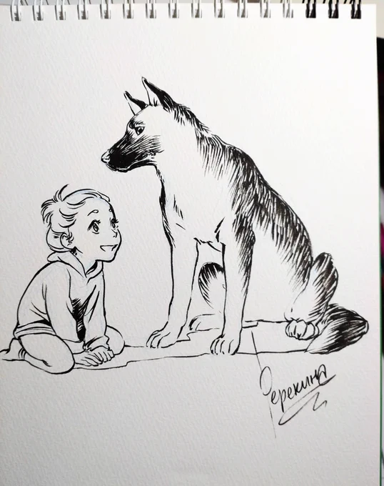 4年前ナタリヤとスケブ交換して「犬描いて♥」に応えナタリヤがサラサラと描いてくれた犬。日本の筆ペン。 