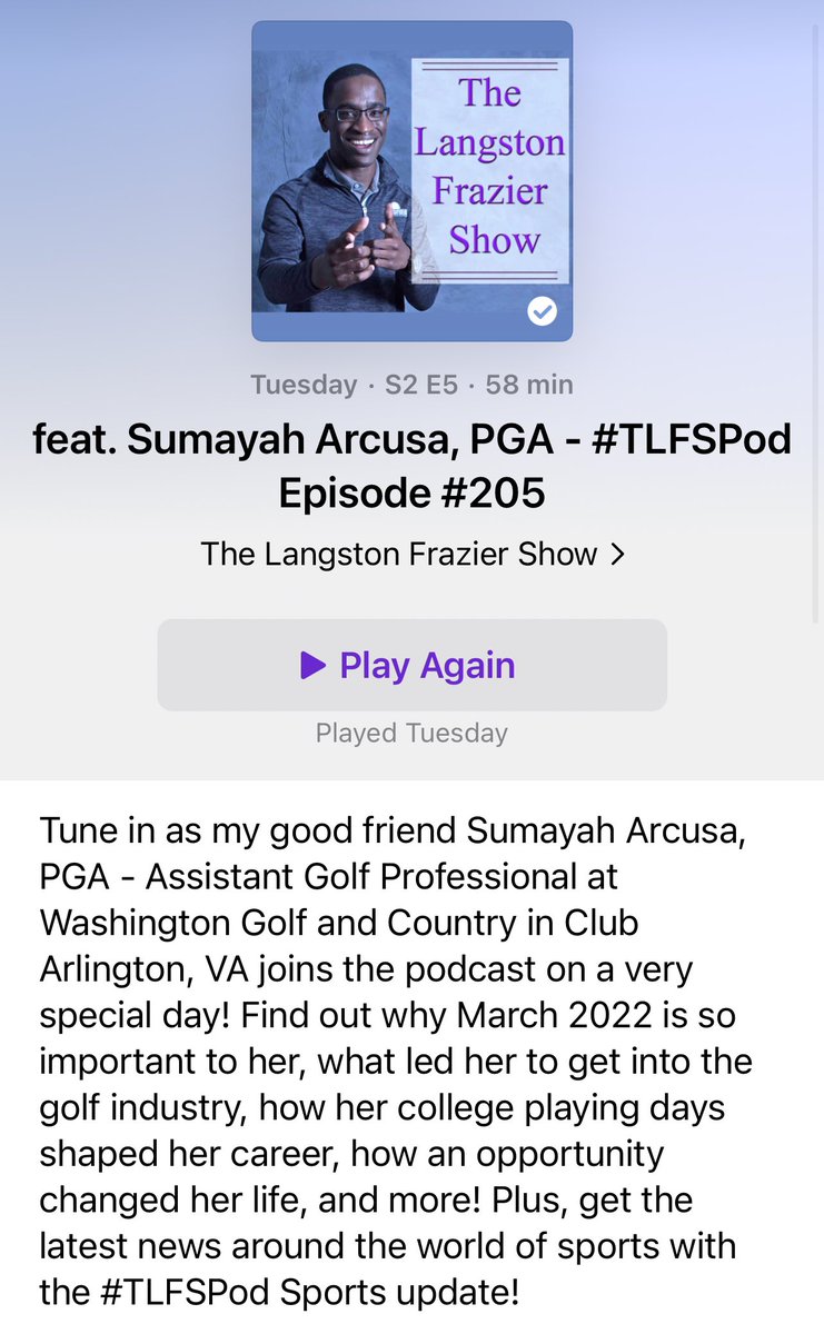 LangstonFrazier's tweet photo. If you haven’t checked out the latest edition of ‘The Langston Frazier Show’ Podcast featuring this week’s guest, PGA Professional Sumayah Arcusa, PGA, make sure you check it out! https://t.co/TL9BQk2nrm #TLFSPod #Golf #Sports #PGA #Podcast #HBCU #HBCUGrad #CollegeGolf #UMES https://t.co/dsLQHdHF0E