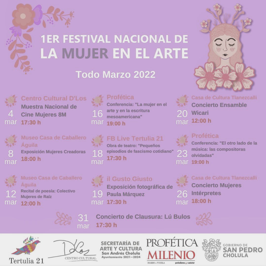 📌 #Información | En el marco del Día Internacional de la Mujer, se realizará el “1er Festival Nacional de la Mujer en el Arte”.👩🏽‍🎨🎨

Del 4 al 31 de marzo, participa en las actividades culturales.