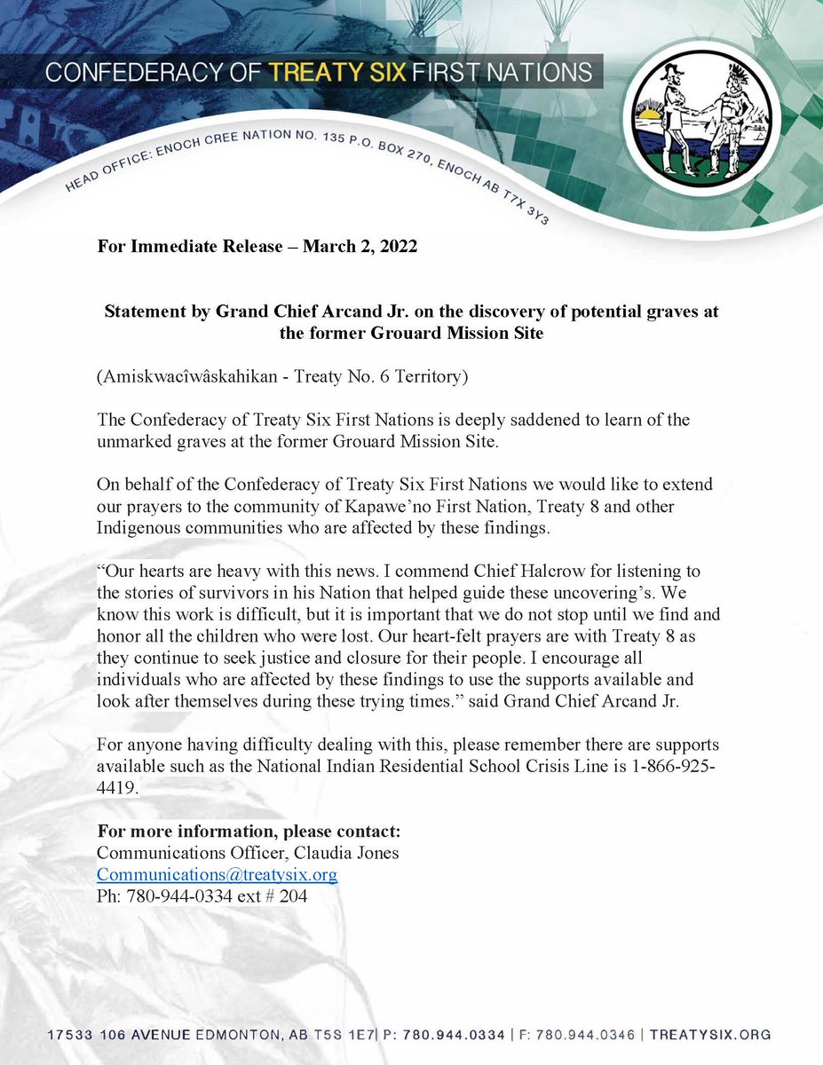 Immediate Release Statement by Grand Chief George Arcand Jr. on the discovery of potential graves at the former Grouard Mission Site. @YouAlberta @CityofEdmonton #Yeg #Treaty6