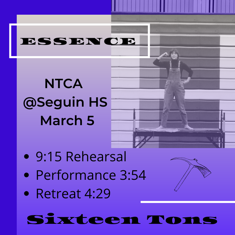 ⛏Essence @NTCA Contest
🕖3:54 Performance 
📍Juan Seguin High School 
🎟$10 adults $5 students 
➡️ntca-online.com