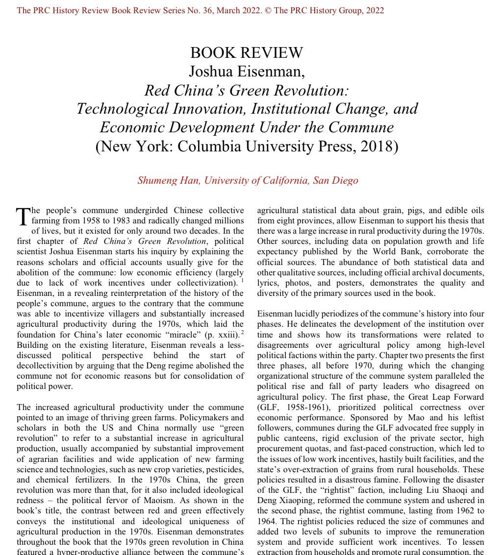 💥This FANTASTIC new review of my book, Red China's Green Revolution <a href="/ColumbiaUP/">Columbia University Press</a> by <a href="/ShumengHan/">Shumeng Han</a> in @PRCHistory calls it "an insightful &amp; refreshing analysis of China’s collective past [that] adds to cutting-edge discussions of PRC history."🙏🤓💥
👇
prchistory.org/wp-content/upl…