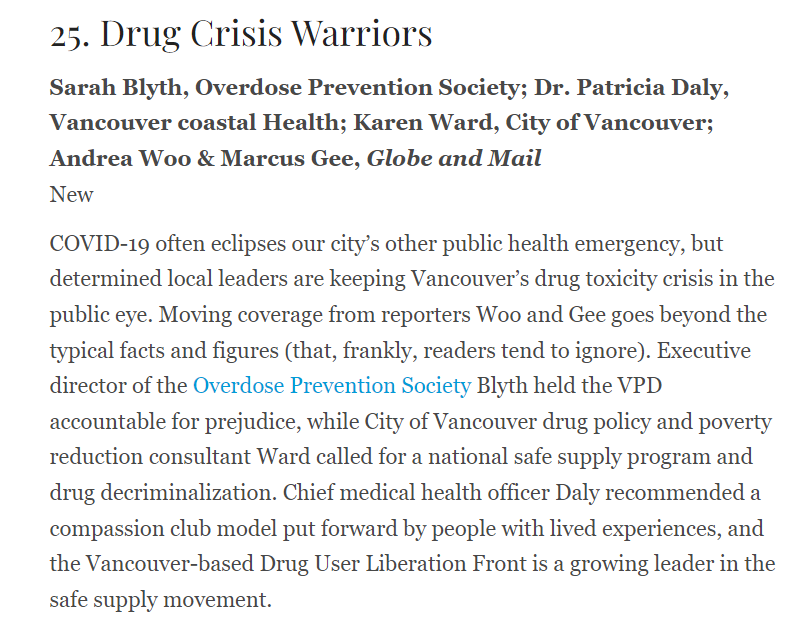picardonhealth's tweet photo. Congrats to @globeandmail colleagues @AndreaWoo @marcusbgee on being named to Vancouver Magazine Power 50 list as "drug crisis warriors" alongside @sarahblyth @VCHDrDaly @kwardvancouver  https://t.co/CwLYsnhvxi via @vanmag_com #vanmagpower50 #opioids #HarmReduction #journalism https://t.co/u4ngxS5oP9