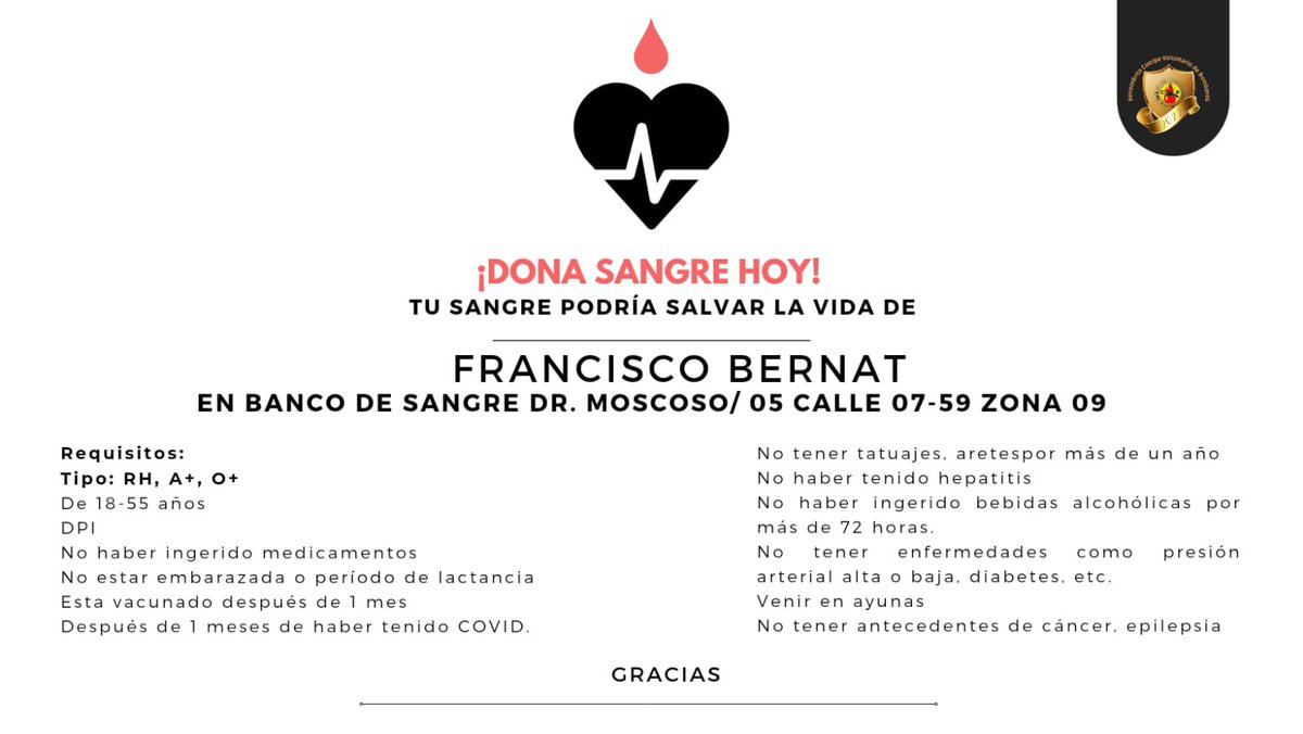 Servicio Social, se necesitan donadores de sangre para el señor Francisco Bernat, donar sangre es donar vida.