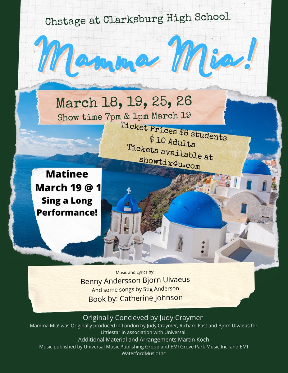 Counting down the days! Come see Mamma Mia at Clarksburg! Tickets at showtix4u.com/event-details/…  <a href="/Cburg_Coyotes/">Clarksburg HS 🐺</a> #herewegoagain