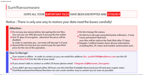 #Surtr #Ransomware
ext:.surtr
mail:Dec_youfile1986@mailfence.com
info:
SURTR_README.hta
SURTR_README.txt
samlple:tria.ge/220302-jzmfkse…
<a href="/Amigo_A_/">Amigo-A</a>