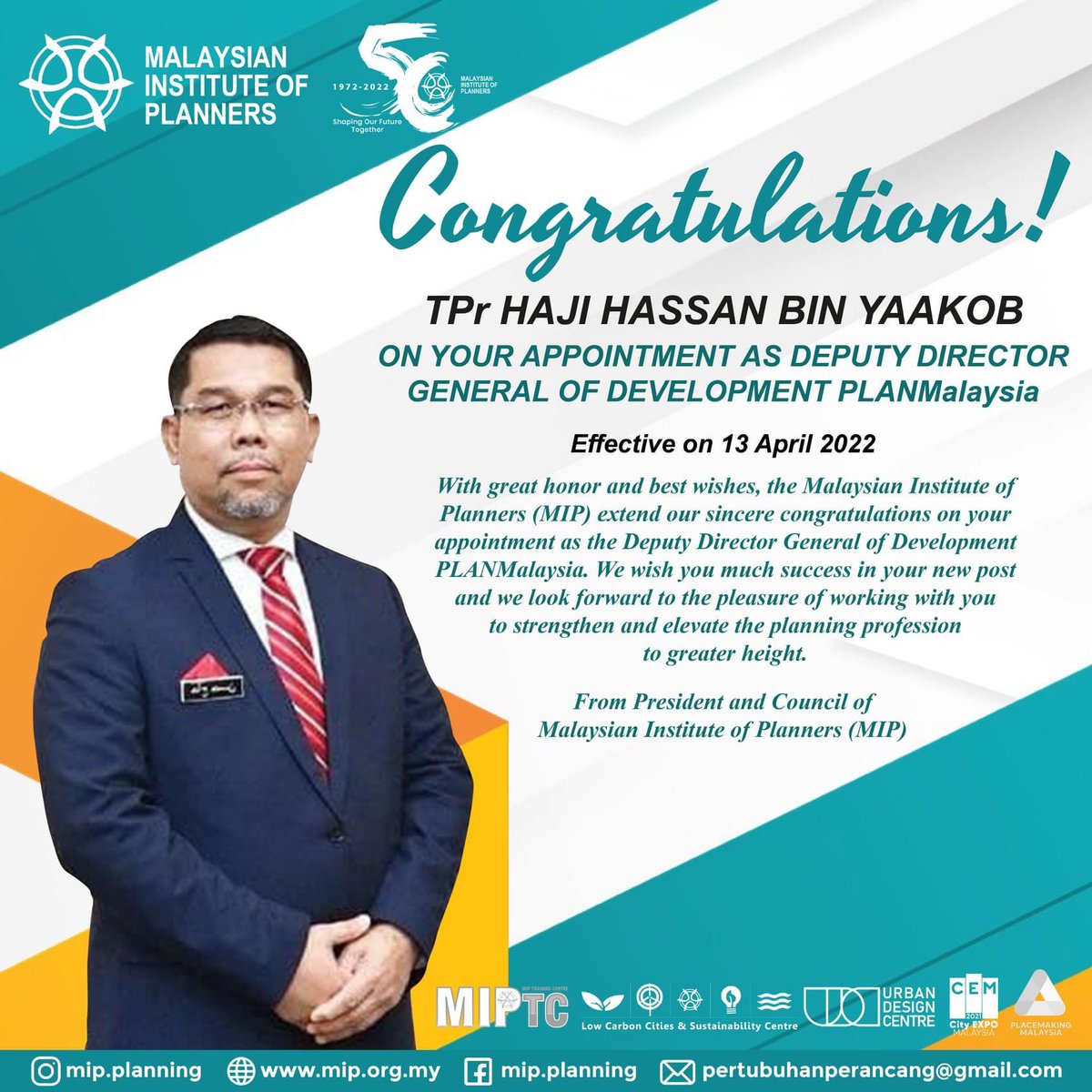 MIP.Planning (@mip_planning) on Twitter photo Our heartiest congratulations on the appointment of the new top management of <a href="/planmalaysia_/">PLANMalaysia</a> We are looking forward to work together, to strengthen and elevate the planning profession to greater heights.
From,
President & Council Members
Malaysian Institute of Planners Our heartiest congratulations on the appointment of the new top management of <a href="/planmalaysia_/">PLANMalaysia</a> We are looking forward to work together, to strengthen and elevate the planning profession to greater heights.
From,
President & Council Members
Malaysian Institute of Planners