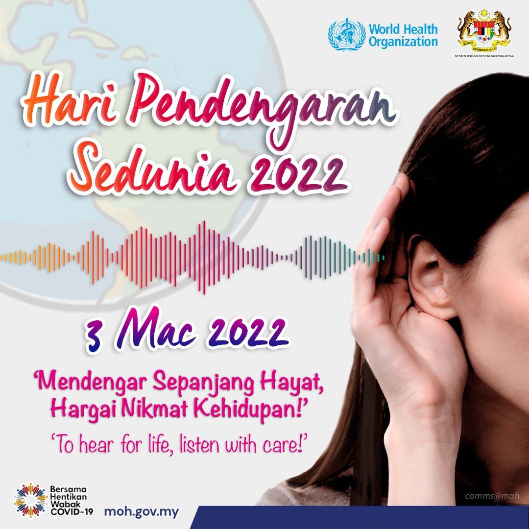 🧏 SELAMAT HARI PENDENGARAN SEDUNIA!

Pendengaran yang baik sangat perlu untuk sepanjang hayat melalui penjagaan telinga dan pendengaran. 

Banyak punca hilang pendengaran boleh dicegah, termasuk yang disebabkan oleh pendedahan kepada bunyi yang kuat.

👂DENGAR DENGAN SELAMAT.