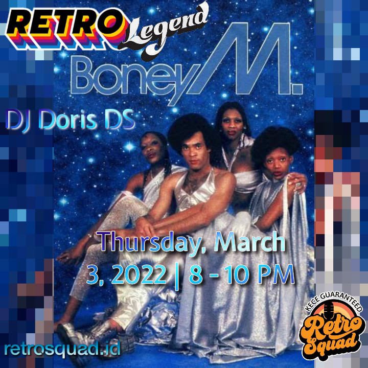 keceguaranteed's tweet photo. Tonight is #DiscoNight ! Join #RetroLegend with DJ Doris DS tributing the legendary and immortal #EuroDisco vocalgroup , #BONEYM ! 8pm 👉🏻 https://t.co/dHDOXm5zoa .
.
Get our app at Google Playstore: “retrosquad radio” https://t.co/YrkS8DjiEi