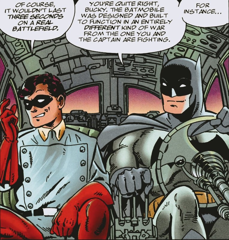 BuckyFiles's tweet image. Bucky Barnes and Batman in the Batmobile by John Byrne