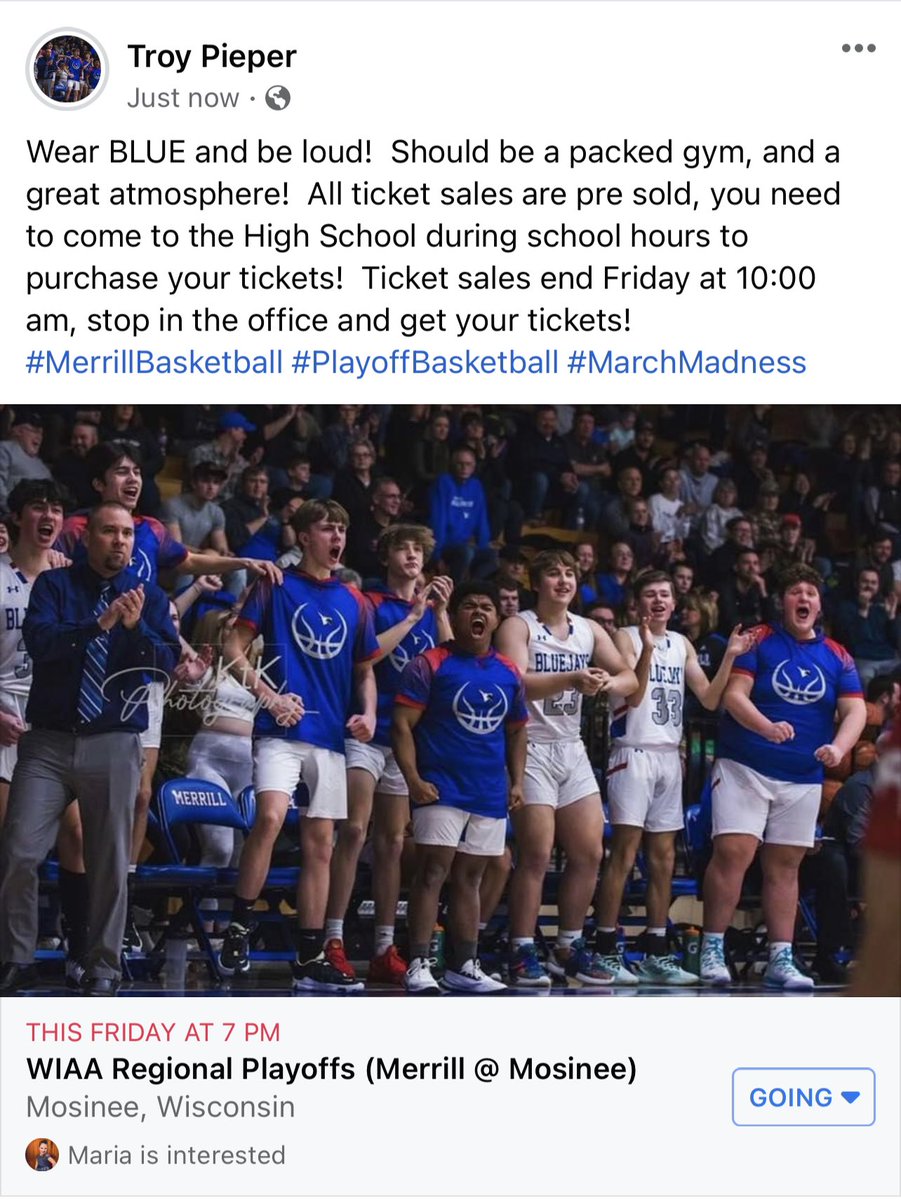 Friday wear BLUE, show up in Mosinee and be loud.  Should be an awesome atmosphere!  Purchase tickets during school hours in the office at Merrill High School!  ALL tickets are pre sale only!  Ticket sales end Friday 10:00 am! <a href="/MerrillBluejays/">Merrill High School</a> <a href="/WeAreMAPSchools/">MerrillAreaPublicSch</a> <a href="/Merrill_AD/">Merrill Activities</a>