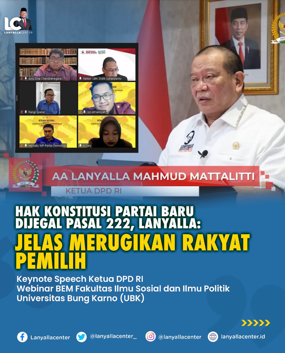 lanyallacenter_'s tweet photo. Hak Konstitusi Partai Baru Dijegal Pasal 222, LaNyalla: Jelas Merugikan Rakyat Pemilih.
@UnivBungKarno 
#LaNyalla #Webinar #UUPemilu #parpol #presidentialthreshold #mahasiswa

baca selengkapnya:
https://t.co/bLzgrsO83w https://t.co/5UiLia4Je5