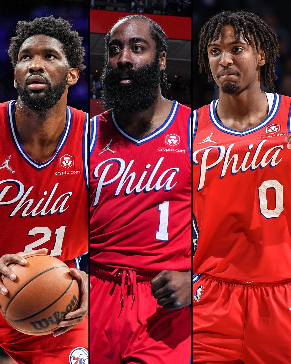 espn's tweet photo. Philly's trio put in work vs. the Knicks 🔔

Joel Embiid ➤ 27 Pts, 12 Reb, 4 Ast
James Harden ➤ 26 Pts, 9 Reb, 9 Ast
Tyrese Maxey ➤25 Pts, 4-6 3-PT FG https://t.co/ai7bQBeQu7