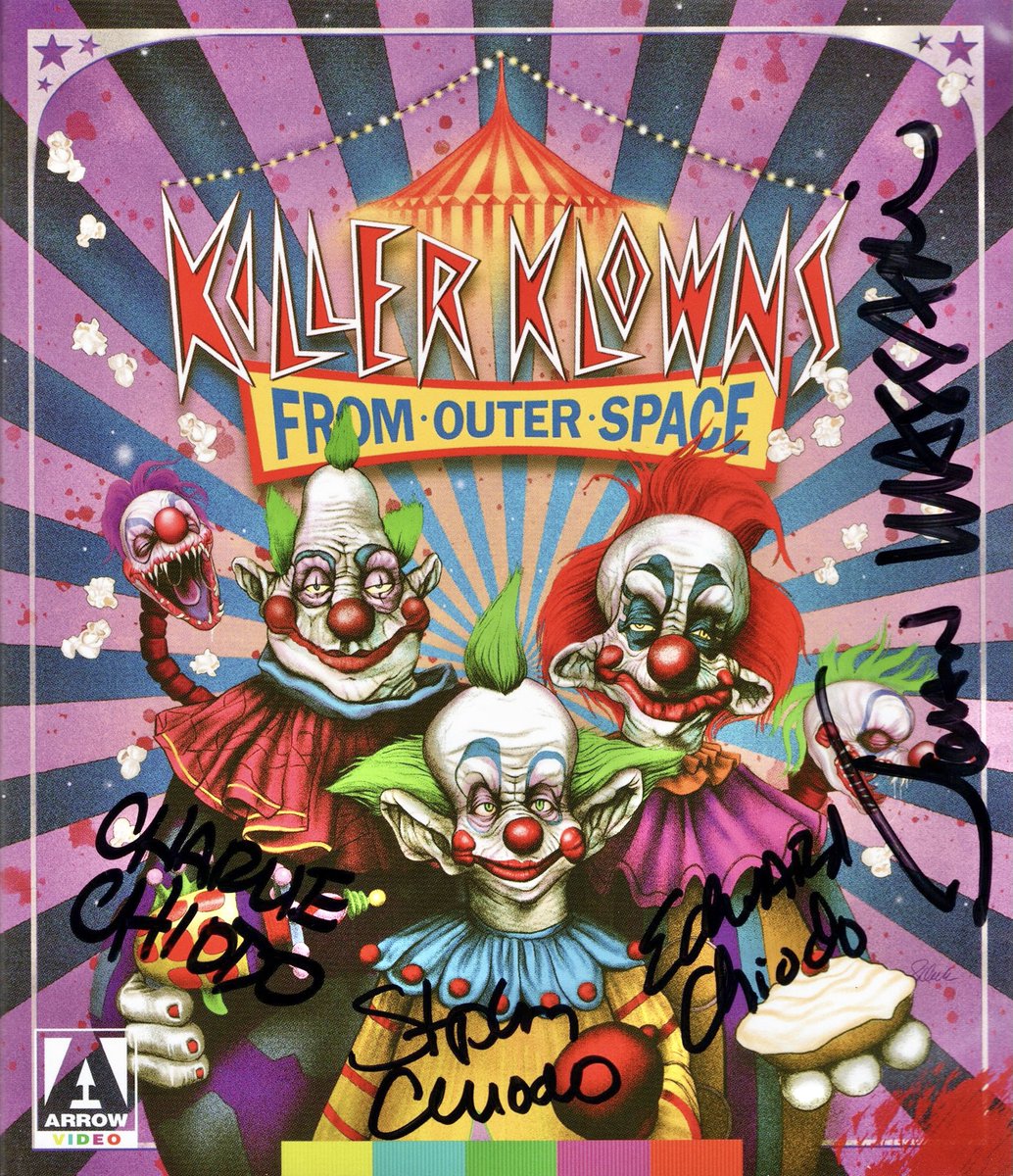staytoonedfolks's tweet photo. Happy b’day to the amazing @SJCHIODO! 🎂 @ArrowFilmsVideo BD of “Killer Klowns from Outer Space”, signed at @DarkDel by Stephen, @echiodo, Charlie &amp; @johnmassari, is from our collection. #StephenChiodo #ChiodoBros #KKFOS #Critters #ErnestScaredStupid #TheSimpsons #Elf #AlienXmas https://t.co/7hflmY8gPq