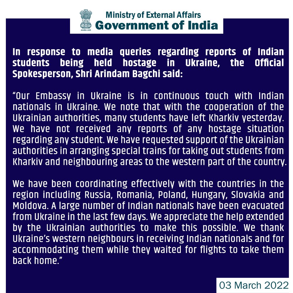 Our response to media queries regarding reports of Indian students being held hostage in Ukraine ⬇️ cutt.ly/dAa0P3Y