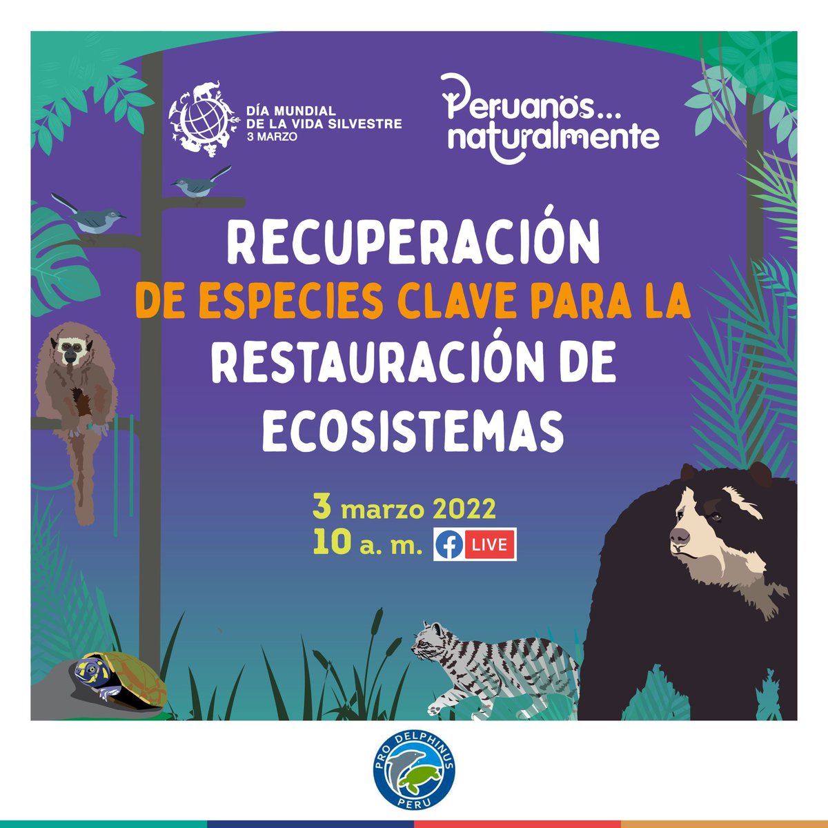 Los invitamos a participar en el evento "Recuperación de especies clave para la restauración de ecosistemas",  por el Día Mundial de la Fauna Silvestre, organizado en conjunto con el MINAM, ProDelphinus y el grupo de trabajo CITES Perú.

#WWD2022 #RecoveryKeySpecies