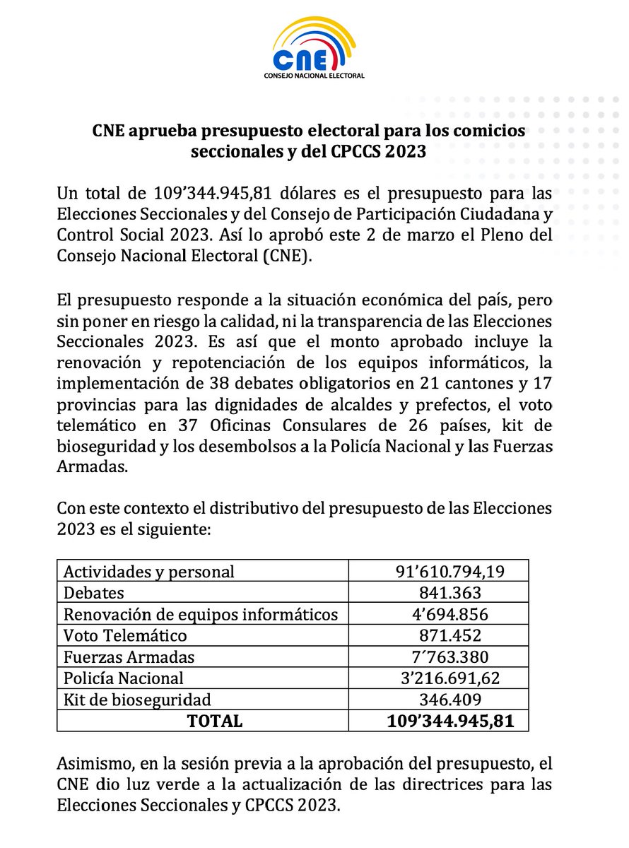 DianaAtamaint's tweet photo. IMPORTANTE | Como #PlenoCNE, esta noche aprobamos el presupuesto electoral para las #Elecciones2023Ec. Conozca los detalles ⤵️ https://t.co/SW45DnbW2V